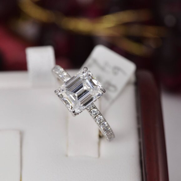 Certified 4.6ct Emerald Cut with Hidden Halo Moissanite Ring 925 Sterling - Picture 1 of 16